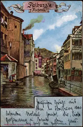 Freiburg im Breisgau Fischerau, Stadt-Teilansicht als Künstlerkarte 1901