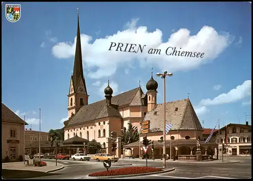 Ansichtskarte Prien Autos, Straßen-Kreuzung a.d. Kirche 1970