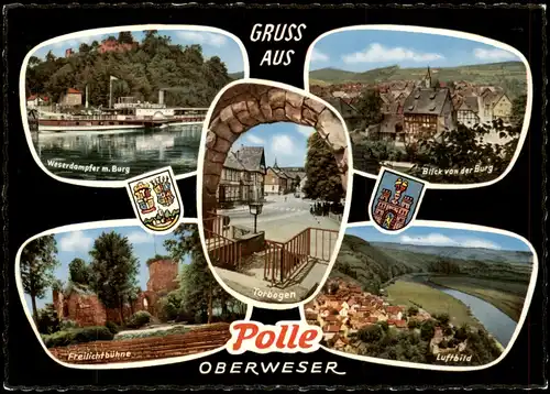 Bodenwerder-Polle Mehrbild-AK mit Weser-Dampfer   Polle Weserbergland 1961