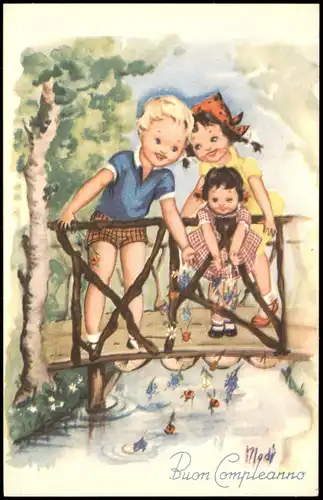 Menschen/Soziales Leben - Kinder beim Spielen auf Bachlauf-Brücke 1950