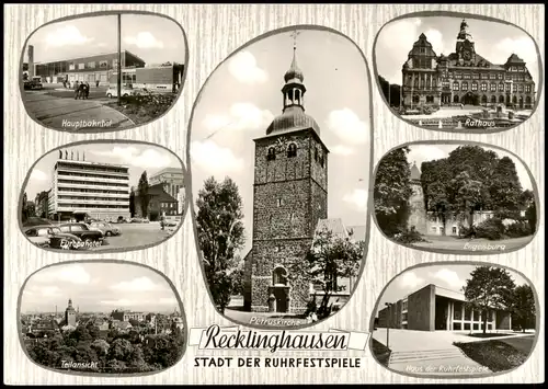 Recklinghausen Mehrbildkarte u.a. Bahnhof, Europahotel, Rathaus, Engelsburg 1972