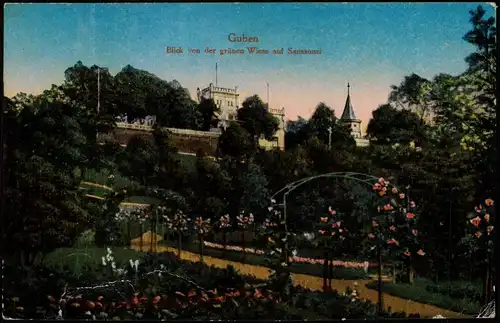 Ansichtskarte Guben Blick von der grünen Wiese auf Sanssouci 1918