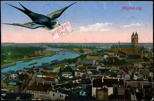 Ansichtskarte Magdeburg Blick über die Stadt - fliegender Vogel 1916