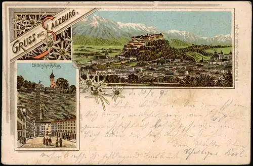 Ansichtskarte Salzburg Gruss aus Litho E-Fahrstuhl, Stadt 1897