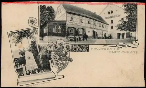 Ansichtskarte Demitz-Thumitz Zemicy-Tumicy 2 Bild Kmoch Gasthof, Denkmal 1905