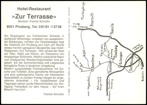 Pinzberg Reklame-Karte Hotel-Restaurant Zur Terrasse Besitzer Familie Schrüfer 1980