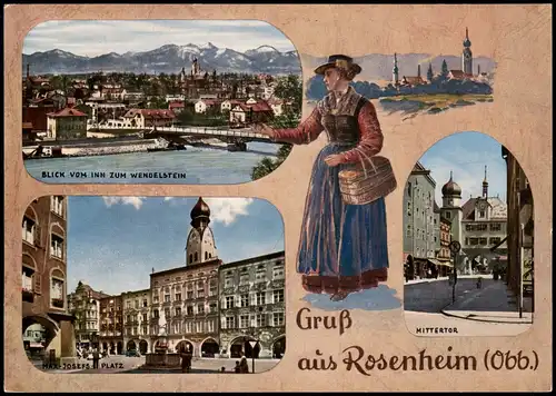 Rosenheim Mehrbild-AK mit Stadtteilansichten MAX-JOSEFS PLATZ  WENDELSTEIN 1960