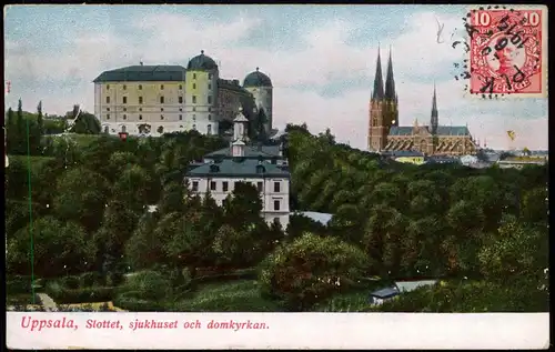 Postcard Uppsala Upsala Slottet, sjukhuset och domkyrkan. 1914