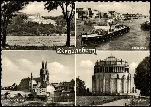 Regensburg Mehrbild-AK Steinerne Brücke Befreiungshalle Donauhafen-Hafen 1955