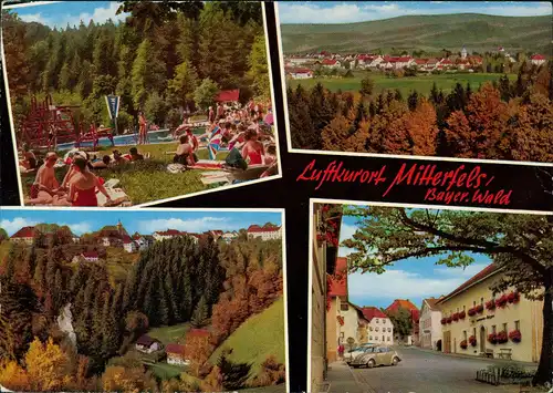 Ansichtskarte Mitterfels MB: Stadt, Schwimmbad, VW Käfer 1966