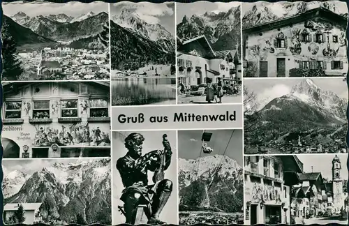 Ansichtskarte Mittenwald Stadtteilansichten: Umland bemalte Häuser 1956