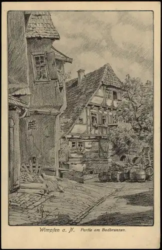 Ansichtskarte Bad Wimpfen Partie am Badbrunnen Zeichnung C. Pfau, Wimpfen 1910