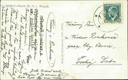 Postcard Semil Semily Partie am Denkmal 1952