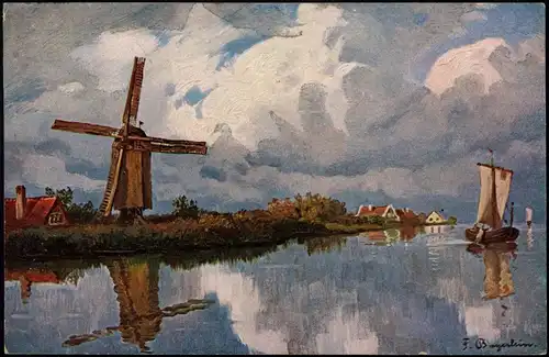 Ansichtskarte  Windmühlen Windmill, Stimmungsbild 1918 Schiffspost Meinersdorf