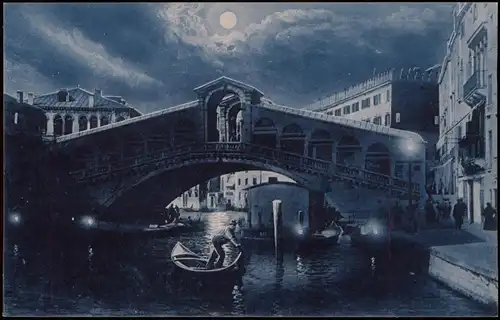 Venedig Venezia Ponte di Rialto Brücke - Mondschein, Blaudruck 1912