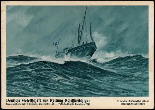 Bremen Gesellschaft Rettung Schiffbrüchiger Künstlerkarte 1929  Stempel Büsum