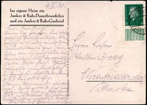 Ansichtskarte  Junker & Ruh-Dauerbrandofen Werbung Gasher Wohnung 1930