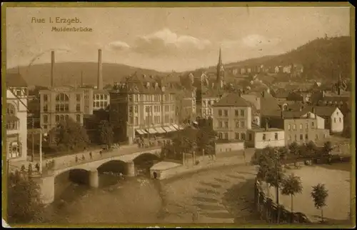 Aue (Erzgebirge) Muldenbrücke Ortsansicht (Bromogold-Karte) 1910