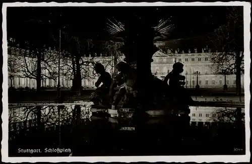 Ansichtskarte Stuttgart Schloßplatz, Springbrunnen Abend-/Nachtansicht 1936