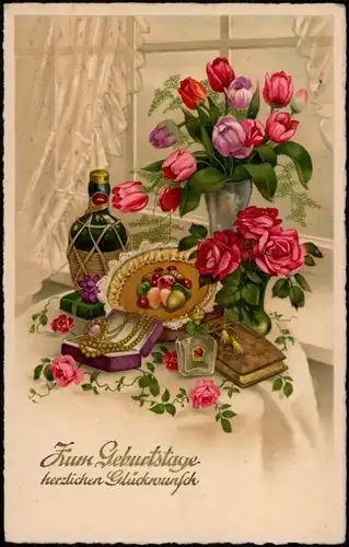 Gabentisch Künstlerkarte Glückwunsch Geburtstag Birthday Tulpen 1936