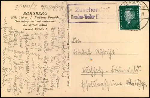 Schönfeld Weißig-Dresden Gasthaus Borsberg 1930 Landpoststempel Zaschenberg