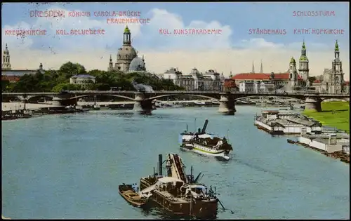 Innere Altstadt-Dresden Belvedere, Dampfer, Baggerschiff - Flußbadeanstalt 1913