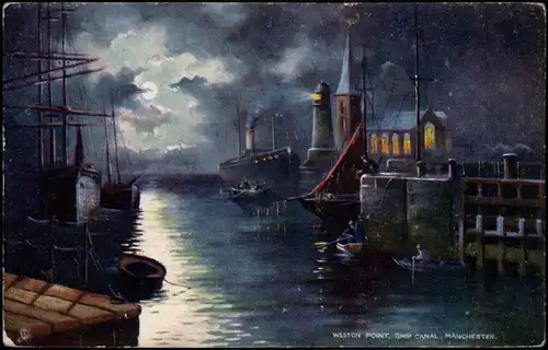 Postcard Manchester Weston Point Ship Canal by Night Mondschein 1912