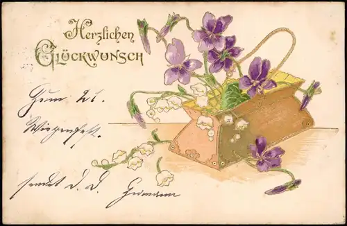 Glückwunsch Geburtstag Birthday Feilchen in der Tasche Prägekarte 1901