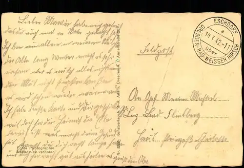 Loschwit Dresden Dampfer Leipzig 1942   Landpoststempel Eschdorf Weißer Hirsch