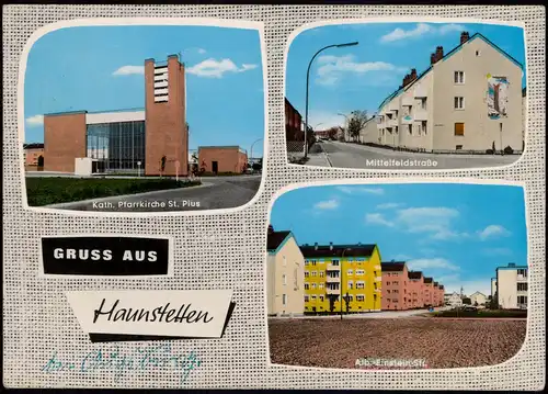 Haunstetten-Augsburg Mehrbild-AK mit Kath. Pfarrkirche St. Pius, Straßen 1968