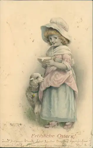 Lamm Mädchen mit Milchschale Künstlerkarte Glückwunsch Ostern / Easter 1906