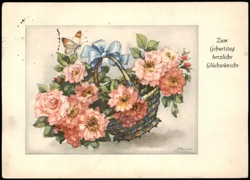 Künstlerkarte Motiv Blumen - Glückwunsch Karte Zum Geburtstag 1953