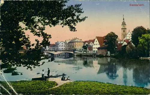 Cannstatt-Stuttgart  Fluss Partie, Brücke, Orts-Teilansicht 1925