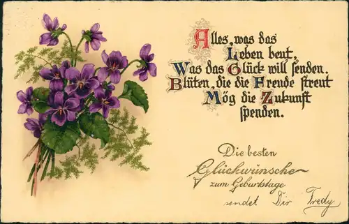Glückwunsch Geburtstag Birthday Grusskarte mit Blumenstrauß Motiv 1932