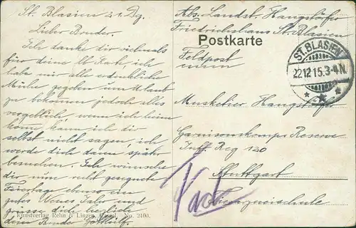 Ansichtskarte Motiv Burg am Rhein 1915  Feldpost 1. WK (ab St. Blasien Stempel)