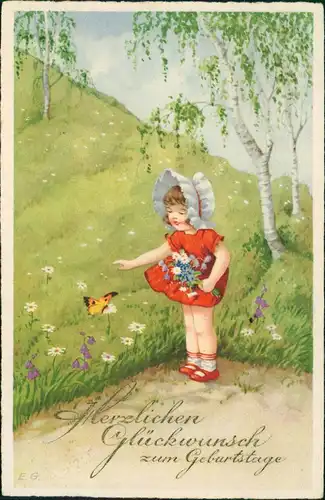 Glückwunsch Geburtstag Birthday: Kind Mädchen mit Schmetterling 1932