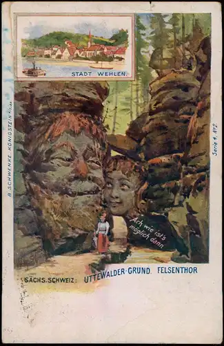 Ansichtskarte Wehlen 2 Bild Litho Stadt und Felsen-Gesichter 1911