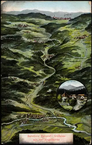 Grafenau (Niederbayern) 2 Bild Landkarten AK Bahnstrecke, Spiegelau 1911