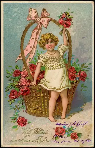 Neujahr Sylvester New Year Mädchen vor Blumenbouquett Prägekarte 1905