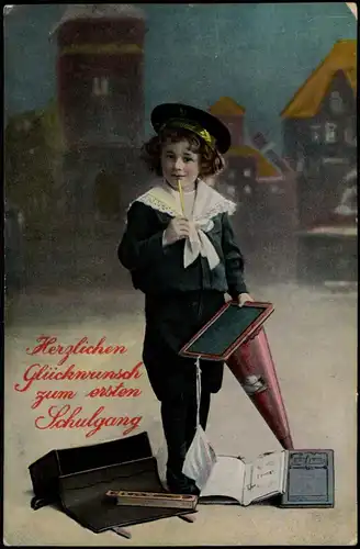 Glückwunsch Schulanfang Einschulung Junge in Schuluniform Zückertüte Tafel 1913