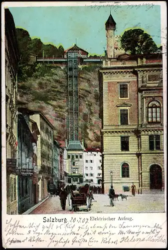 Ansichtskarte Salzburg Stadtteilansicht, Elektrischer Aufzug 1907
