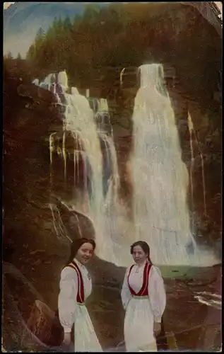Norwegen Norway Wasserfall Personen in Tracht, Norge Skjærvefos, Hardanger 1914