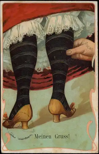 Ansichtskarte  Künstlerkarte Meinen Gruss Hand zwickt Wade einer Frau 1907