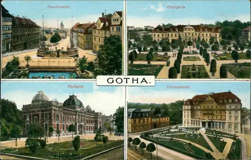 Ansichtskarte Gotha 4 Bild. Hauptmarkt, Orangerie, Post 1915