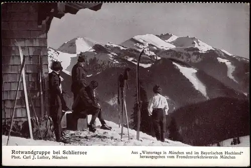 Schliersee Wintersport: Skifahrer vor der Baude Rotwandgruppe 1917