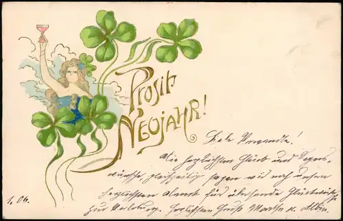 Neujahr Sylvester New Year Frau mit Sekt, JUGENDSTIL 1906  gel. Bahnpost