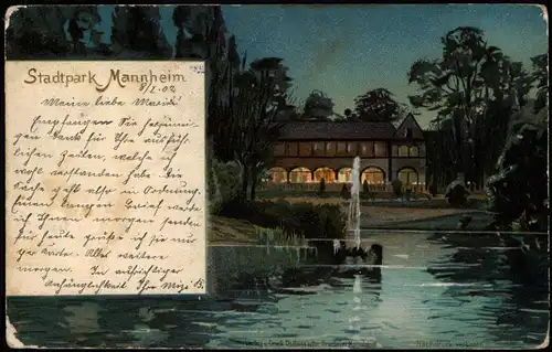 Ansichtskarte Mannheim Stadtpark, Pavillon bei Nacht 1902  gel. div. Stempel