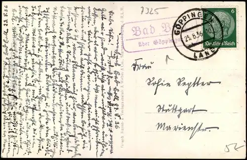 Ansichtskarte Bad Boll Luftbild 1936  gel. Landpoststempel über Göppingen