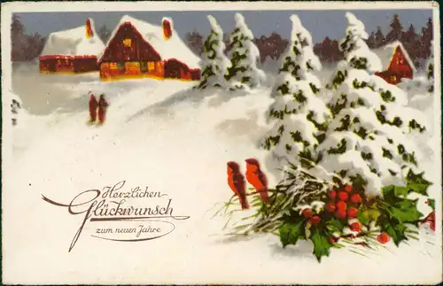 Neujahr Sylvester New Year Winterlandschaft Vögel auf Mistelzweigen 1925