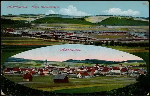 Ansichtskarte Münsingen Württemberg 2 Bild: Stadt Barackenlager 1917  Feldpost